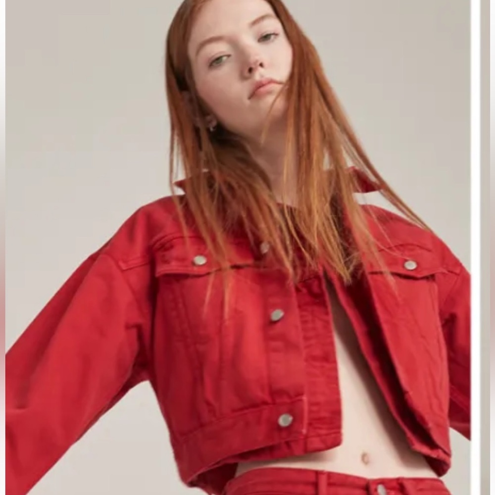 ❤️ NWT New Edwin Anthropologie Women's scarlet Red cropped  Denim jean Jacket M
